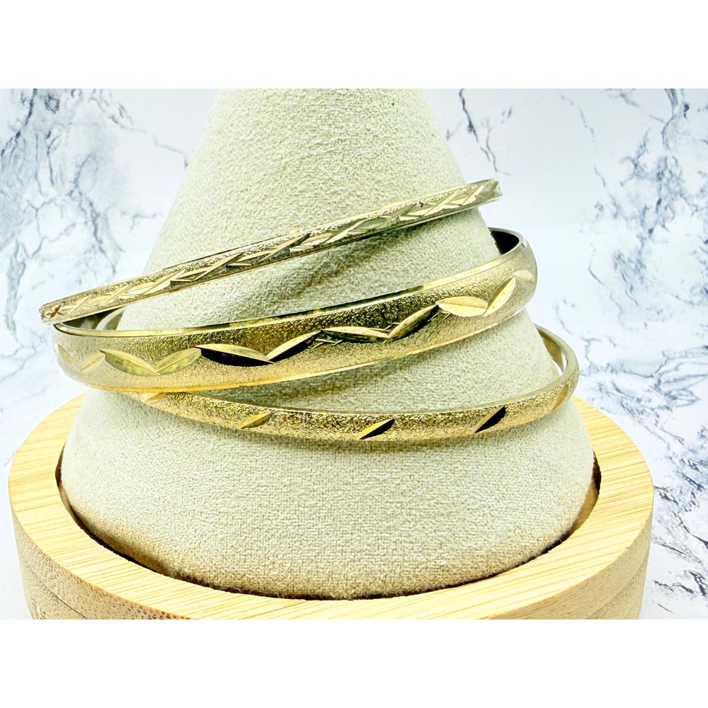 Set of 3 Gold Tone Embossed Bangle Bracelets – Mixed Textured Designs – 9 Inch